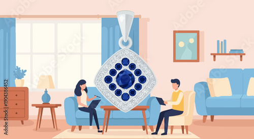 Couple discusses a large diamond and sapphire pendant in a living room