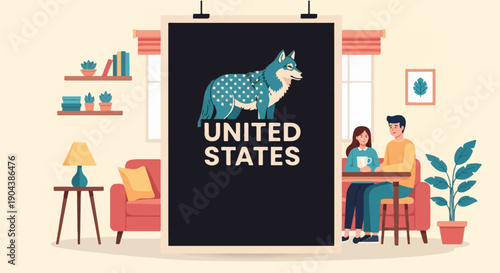 Couple drinks coffee near a poster of a wolf with a star-spangled coat