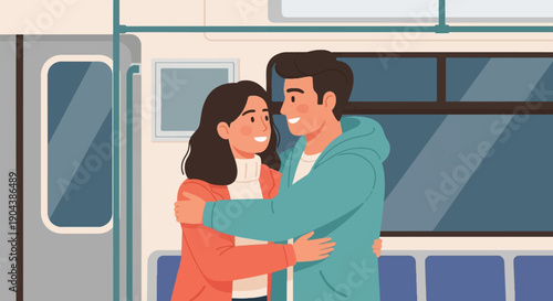 Couple embracing on a train, smiling warmly at each other, surrounded by muted colors