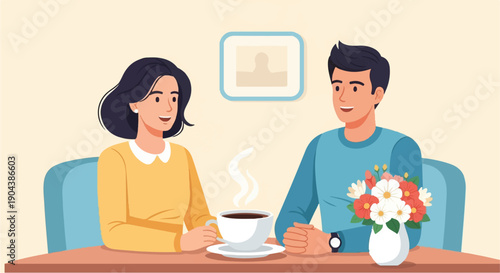 Couple enjoying coffee and flowers at a table with framed art