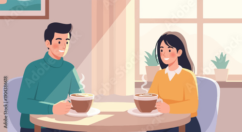Couple enjoying coffee at a table with sunlight streaming in