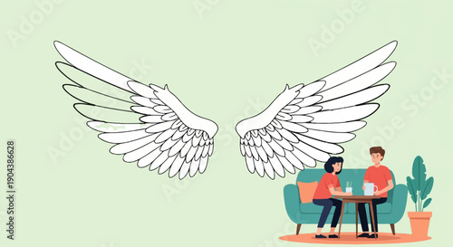 Couple enjoying coffee on couch, with large white angel wings above
