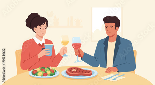 Couple enjoying dinner with wine, salad, and steak