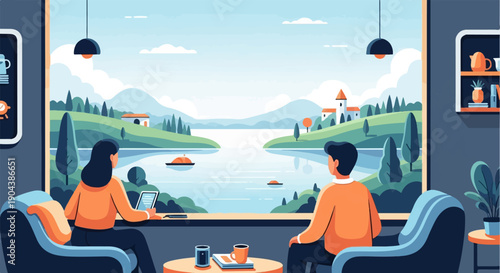 Couple enjoys serene lake view from cozy indoor seating with digital devices