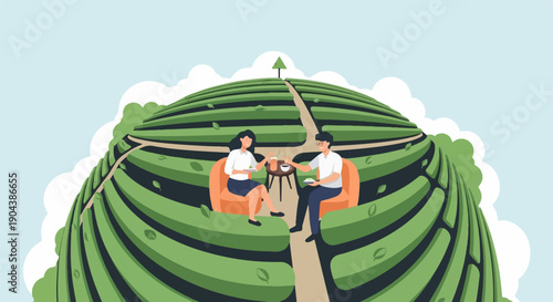 Couple enjoying drinks amidst lush green tea terraces on a gentle hill