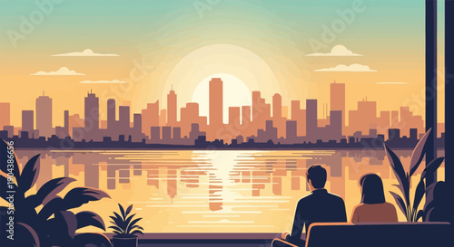 Couple enjoys serene sunset view of city skyline reflected in calm water