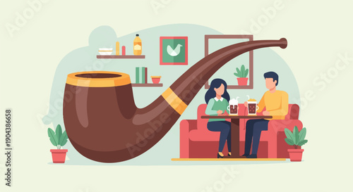 Couple enjoying drinks at a table near a giant pipe