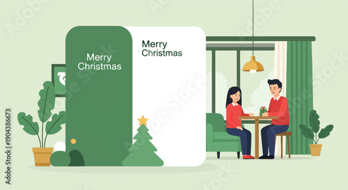 Couple exchanges gift at cafe with festive decor