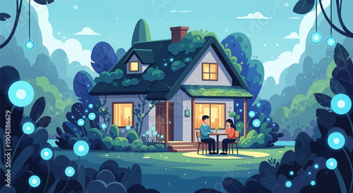 Couple enjoying evening by illuminated house in mystical garden