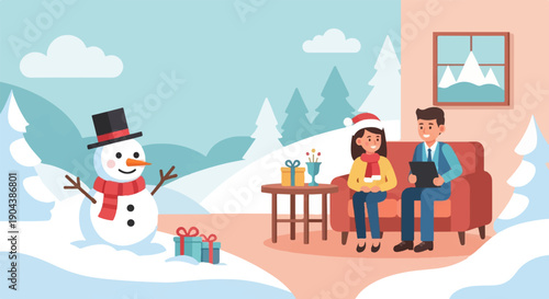 Couple enjoying winter holidays inside with snowman and gifts visible outside