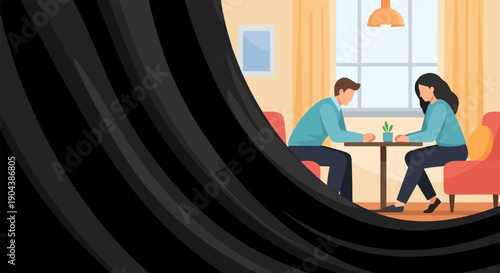 Couple in a cafe, separated by a dark curtain