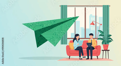 Couple in a cozy room with a tech-inspired paper airplane flying