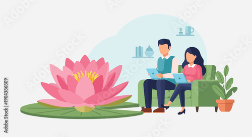 Couple on couch with laptops next to large pink water lily