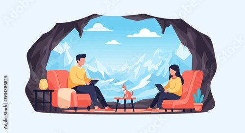 Couple in cave looking at laptop with mountain view, dog on table