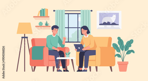 Couple on couches in a room, looking at a laptop, with plants and art