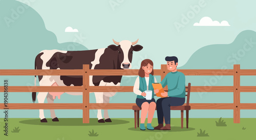 Couple on farm discuss business with cow and fence background