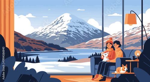 Couple in cozy cabin with pets admiring snowy mountain lake view