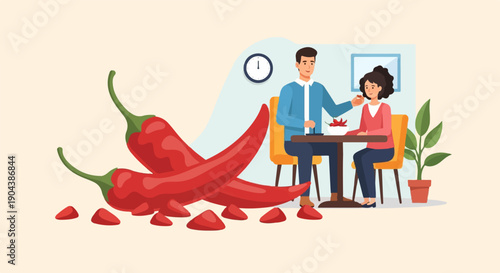 Couple enjoys a meal, chili peppers present, clock on wall