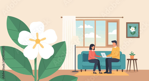 Couple on sofa, laptop, indoor plants, window view with clouds