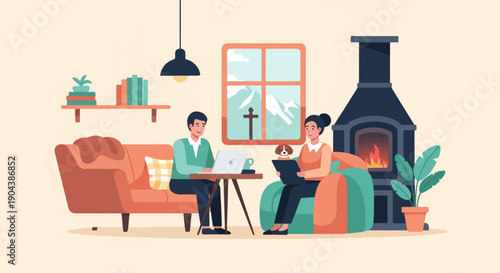 Couple in cozy living room, one works on laptop, the other reads by fire