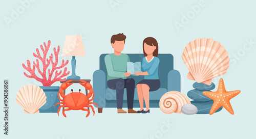 Couple on sofa reading book surrounded by marine life and home decor