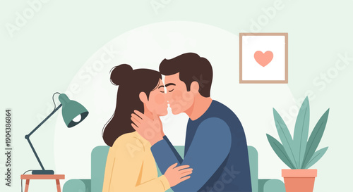 Couple in intimate embrace, a tender kiss shared in a cozy room setting