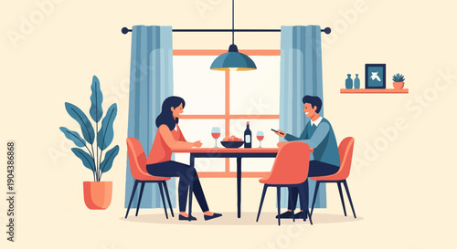 Couple enjoys a meal with wine in a dining room setting