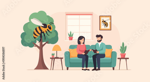 Couple on sofa with a bee and tree outside and bee art inside
