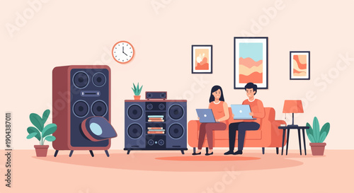 Couple on sofa with laptops surrounded by music equipment and plants