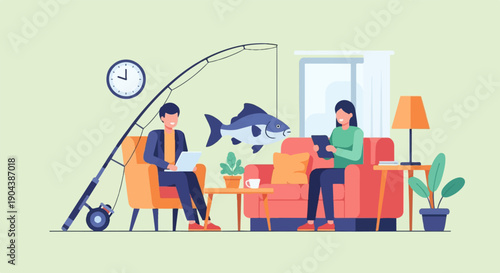 Couple indoors with a surreal fish caught mid-air near fishing rod