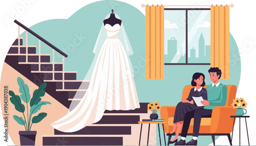 Couple plans wedding, a dress on display, indoor scene