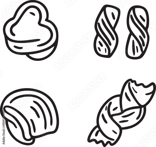 Pasta shapes vector illustration: farfalle, fusilli, conchiglie, strozzapreti line art eps silhouette
