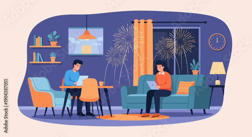 Couple indoors watches fireworks on laptops