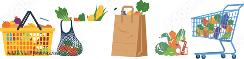 Grocery shopping illustration set with baskets reusable bags paper sacks carts and fresh vegetables vector isolated