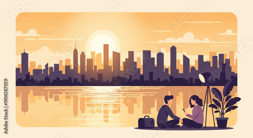 Couple enjoys a serene waterfront picnic with city skyline backdrop