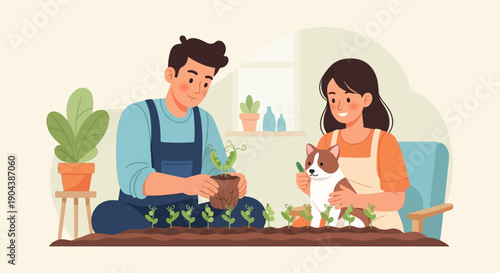 Couple planting seedlings with dog, happy indoor gardening