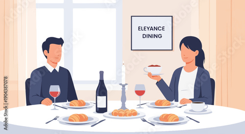Couple enjoys an elegant dining experience with wine, pastries, and coffee
