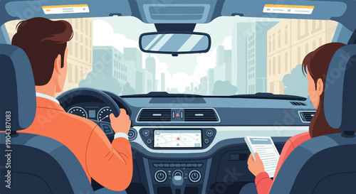 Couple inside car with navigation system in urban cityscape