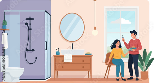 Couple interacting in a modern bathroom with shower and sink