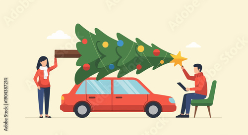 Couple loading a decorated Christmas tree onto a car