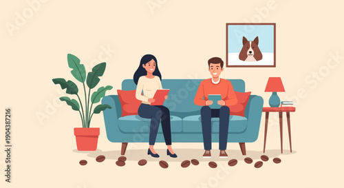 Couple relaxing on sofa with books, coffee beans on floor, and dog portrait