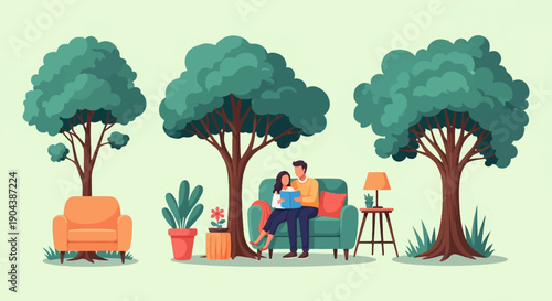 Couple reading on a sofa under a tree, with armchair and lamp