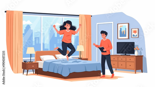 Couple joyfully jumping on bed in urban apartment bedroom