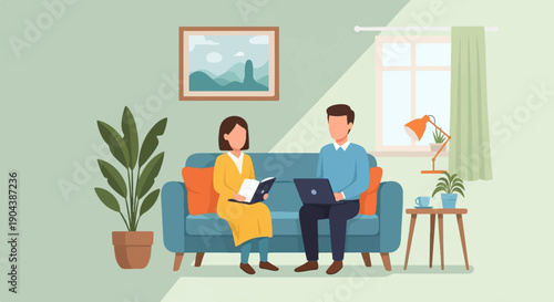 Couple relaxing on sofa with book and laptop in a cozy room