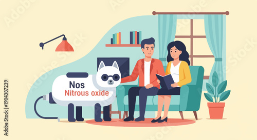 Couple reading on couch near stylized device and plant