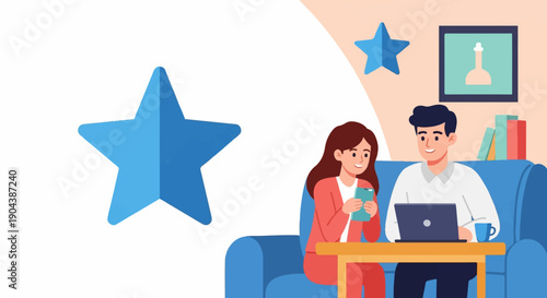 Couple relaxing on sofa, using phone and laptop, with stars in background