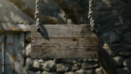 A rustic wooden sign hanging from a rope in an outdoor setting with stones.