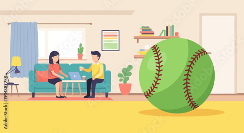 Couple relaxing on sofa with laptop and giant baseball in room