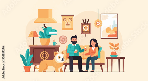 Couple relaxing on sofa with dog, surrounded by home decor and plants
