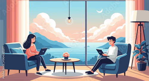 Couple working on laptops in comfortable chairs with a scenic view